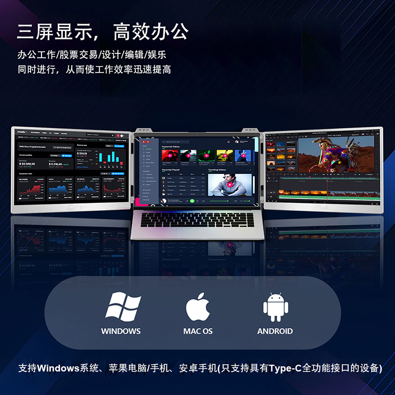 Stock trading design office display HD high color gamut portable three-screen display dual-screen folding notebook expansion screen - Image 2